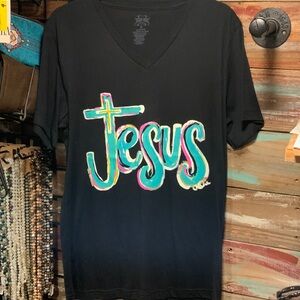 NEW Texas True—Black V-Neck T-Shirt with Colorful 'Jesus' Design